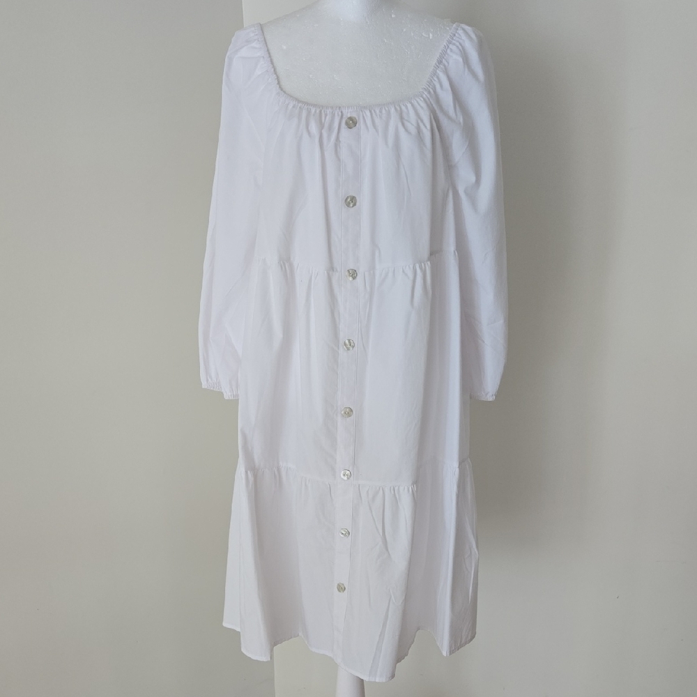 Mlle Gabrielle White Button-Front Peasant Midi Dress